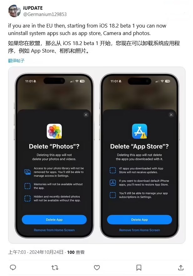 东河苹果手机维修分享iOS 18.2 支持删除 App Store 应用商店 